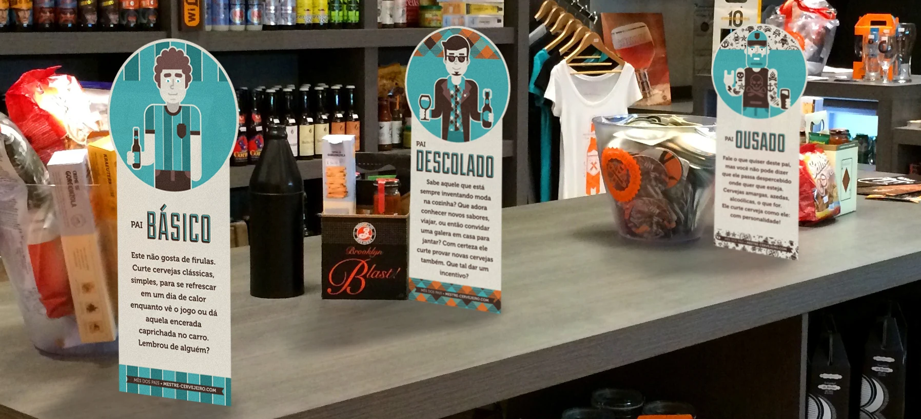 Totens de Dia dos Pais identificando perfis de presentes sobre o balcão de uma loja Mestre-Cervejeiro.com.