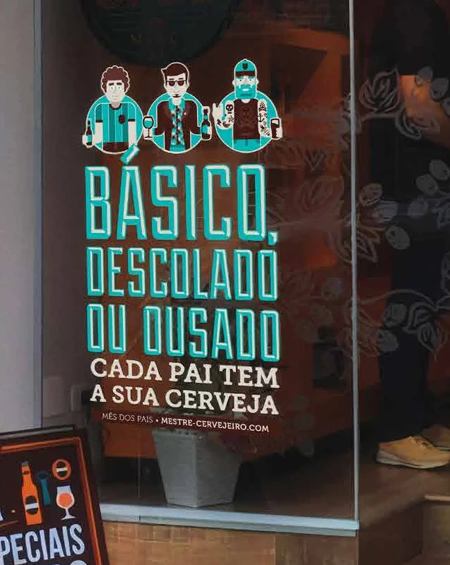 Vitrine da campanha de Dia dos Pais da Mestre-Cervejeiro.com, com cartaz de perfis de pais.