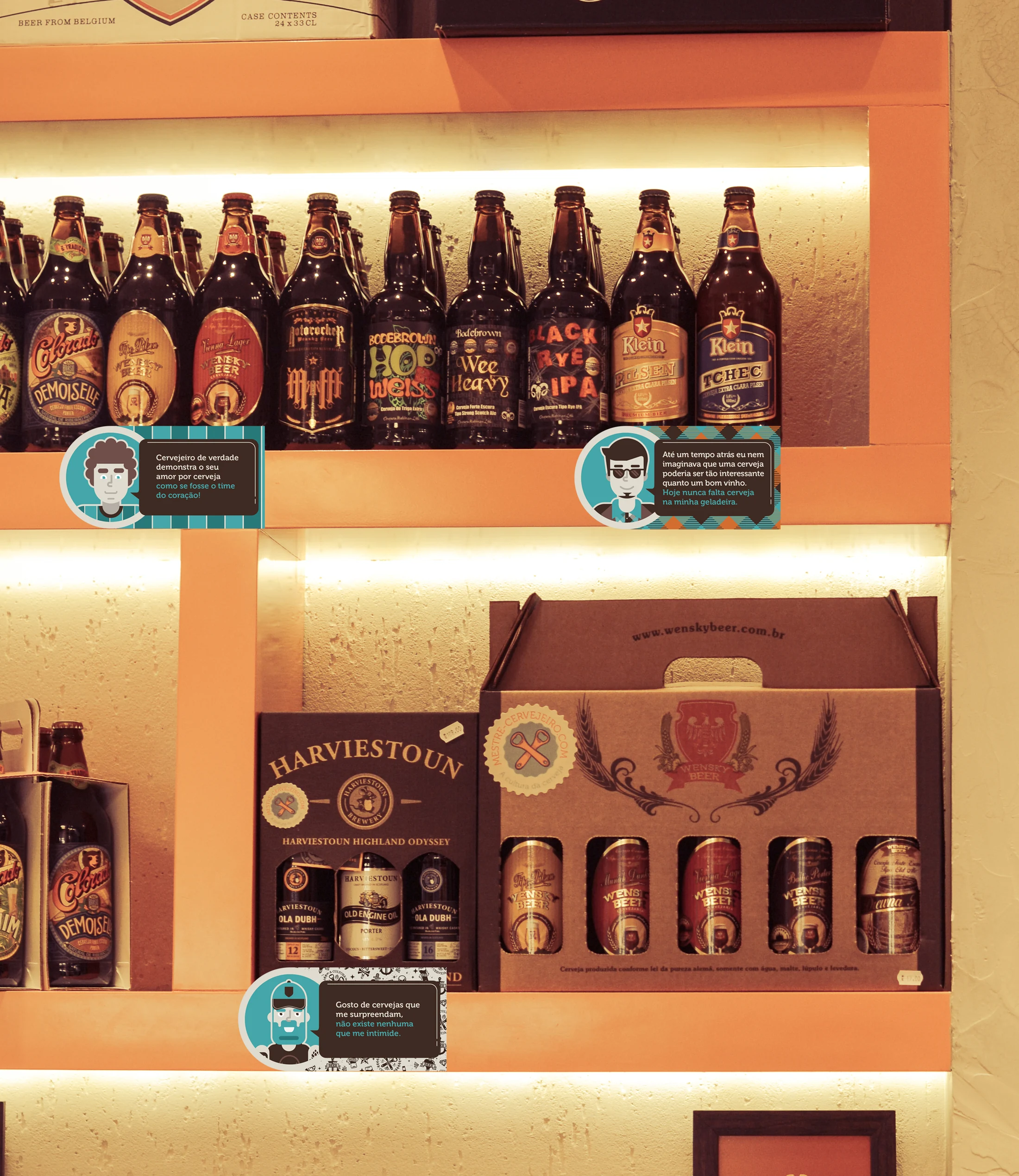 Exposição de cervejas e presentes com identificação de perfis de pais.