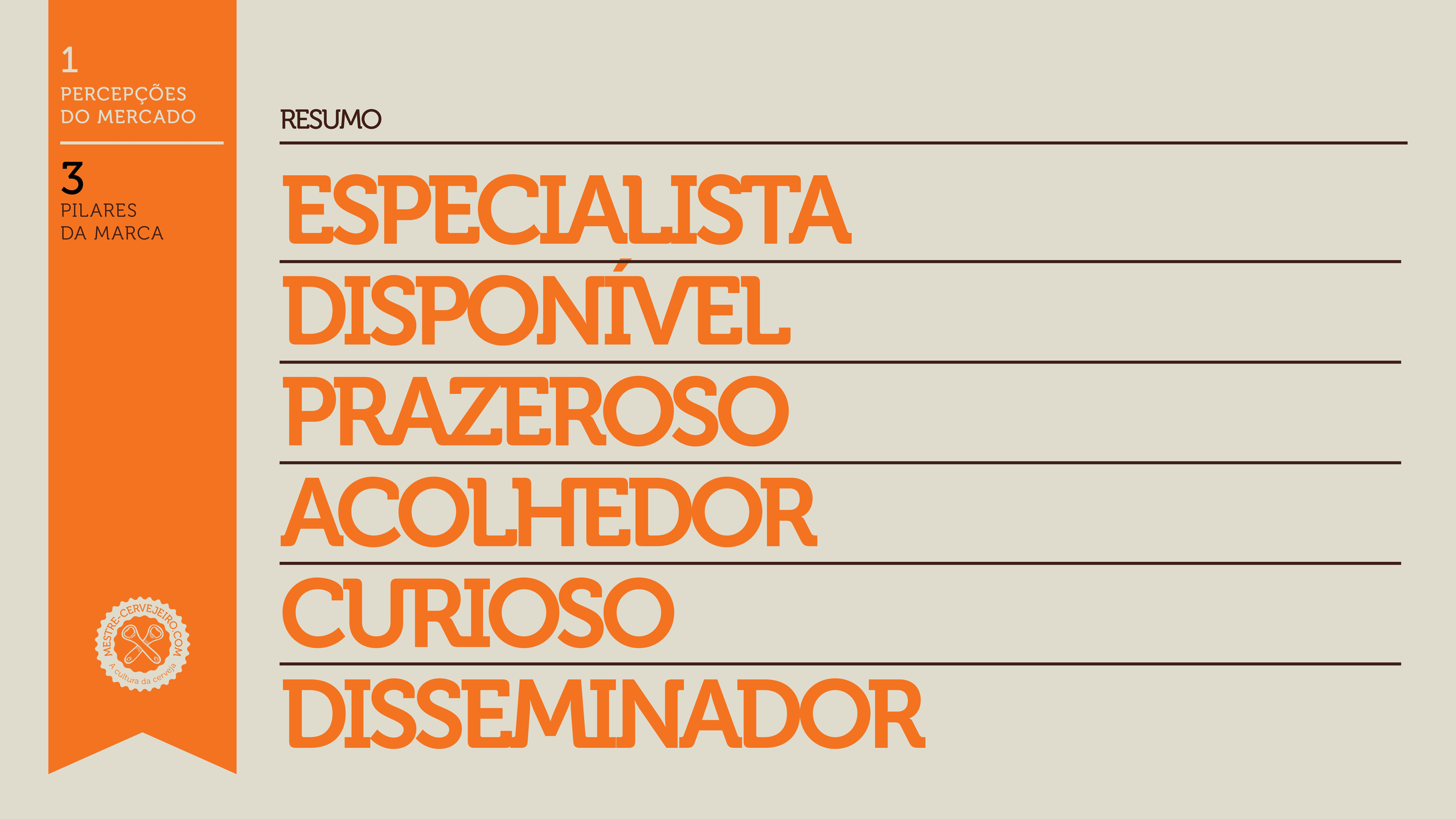 Página do brandbook com os pilares Especialista, Disponível, Prazeroso, Acolhedor, Curioso e Disseminador.