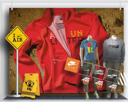 Proposta de vitrine Nike Air com grande camisa vermelha e sistema de exposição de produtos.