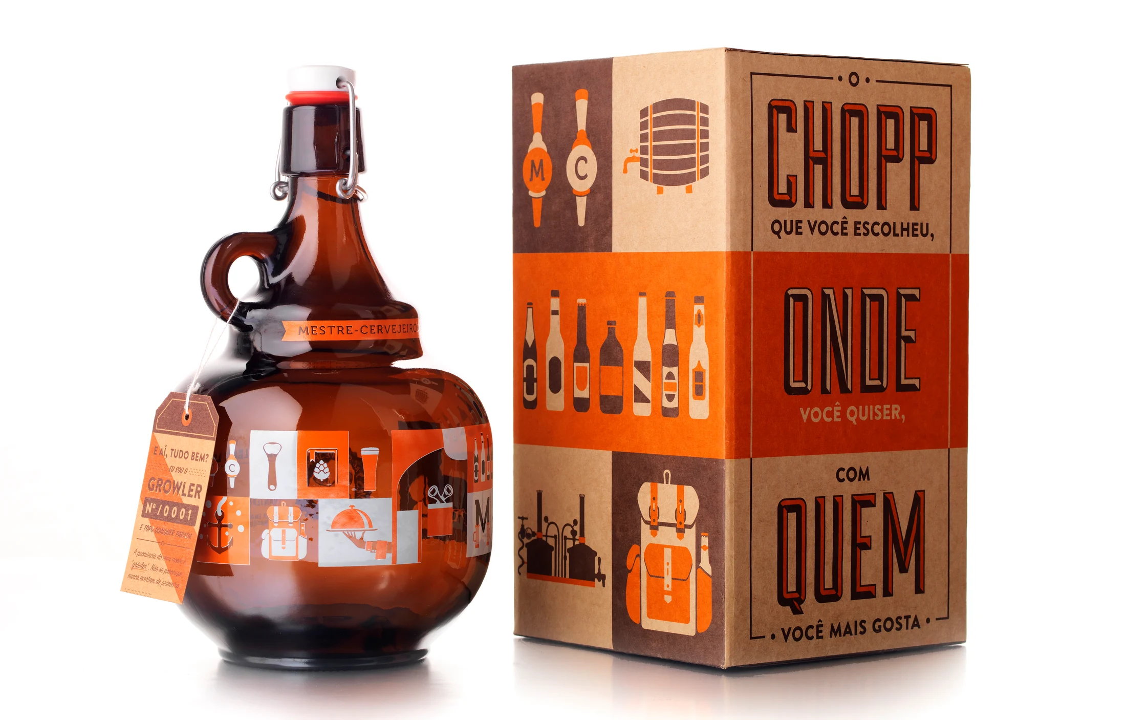 Growler de vidro e caixa estampada Mestre-Cervejeiro.com.